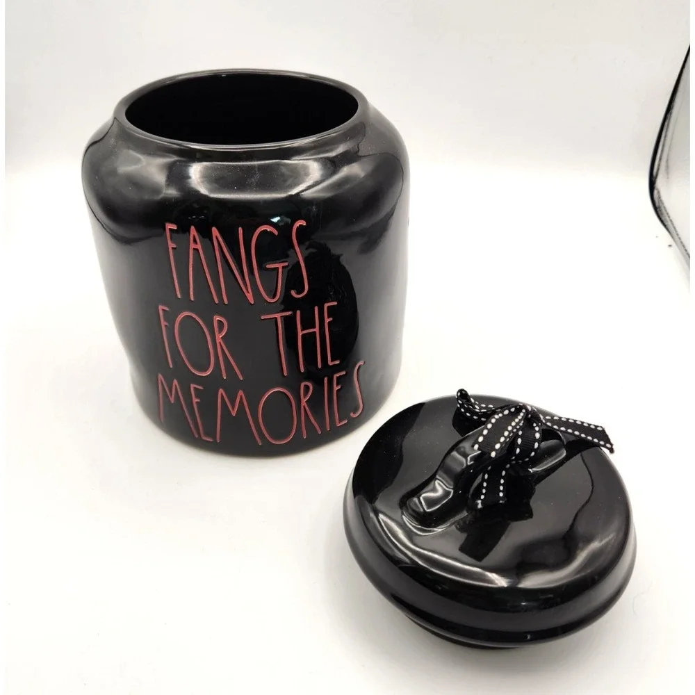 Rae Dunn FANGS FOR THE MEMORIES Chubby Ceramic Canister Halloween Black Orange
